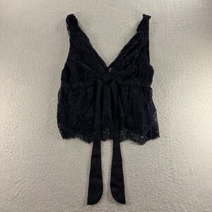 Free People Chante Lace Tie Tank Top Womens M Black‎ Plunge V Neck Scalloped Hem